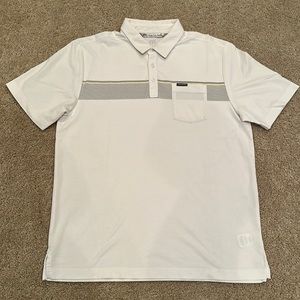 Travis Mathew Polo. Sz L. Yellow & Gray Stripes.